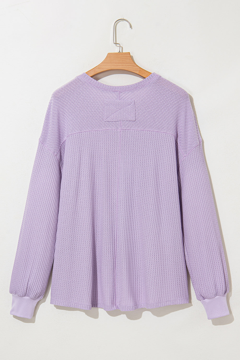 Bright Pink Waffle V Neck Long Sleeve Drop Shoulder Loose Blouse