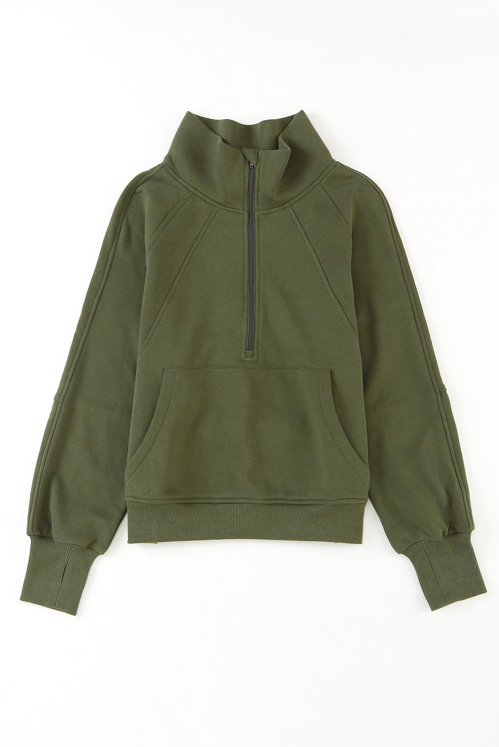 Smoke Green Fleece Lined Zip Up Stand Collar Thumbhole Sleeve Sweatshirt