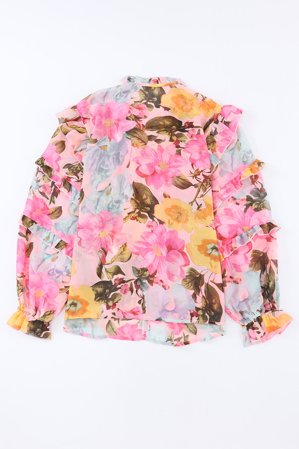 Pink Floral Print Tiered Ruffled Long Sleeve Blouse