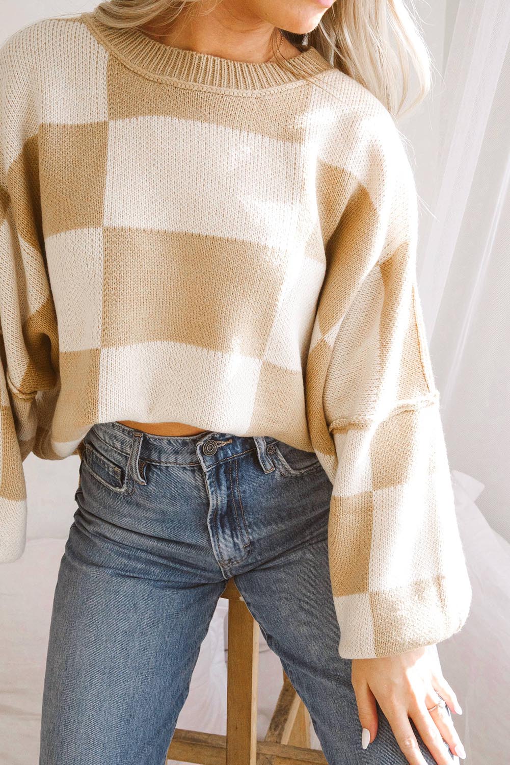 Gray Checkered Bishop Sleeve Sweater