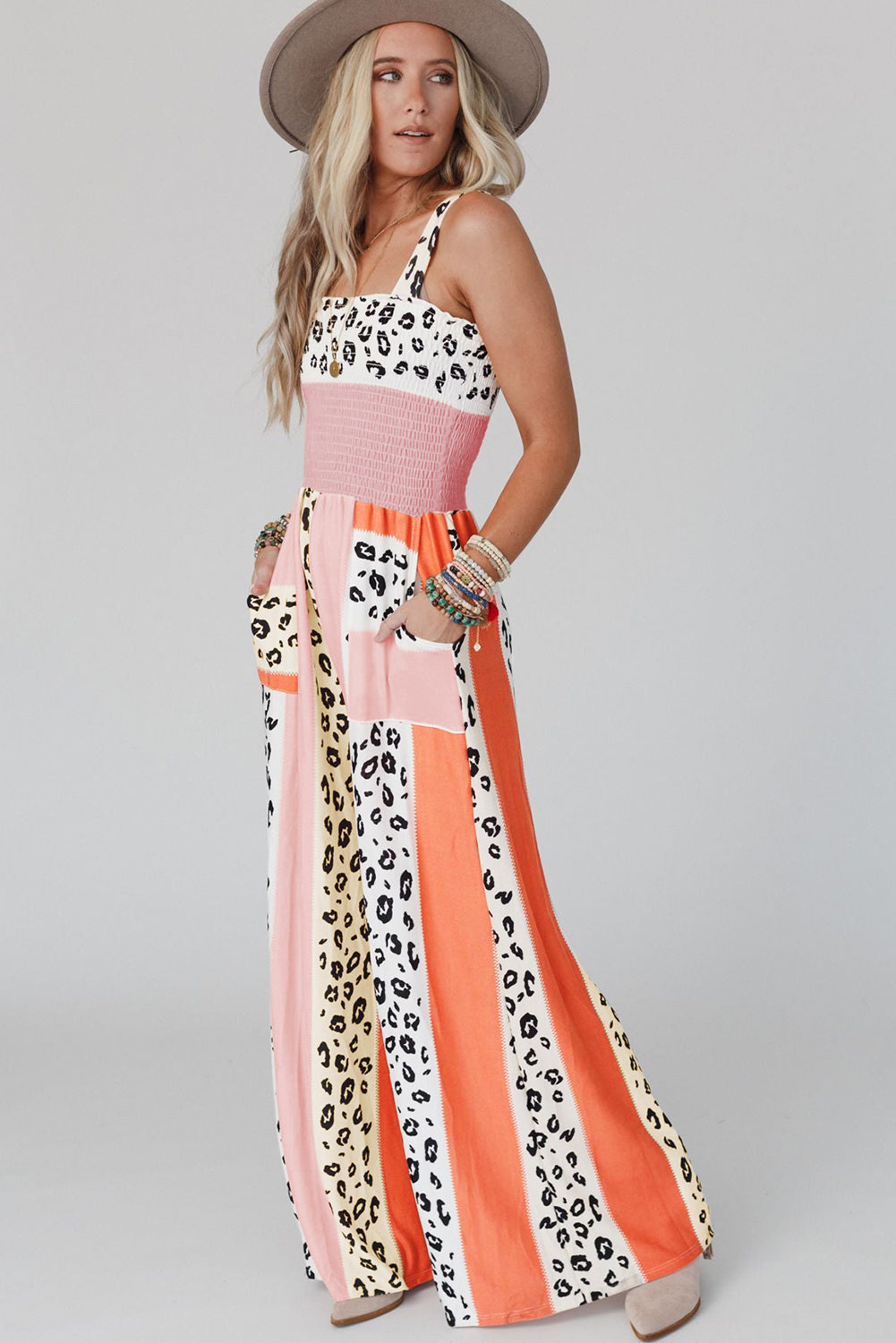 Leopard Color Block Mix Print Pocketed Jumpsuit