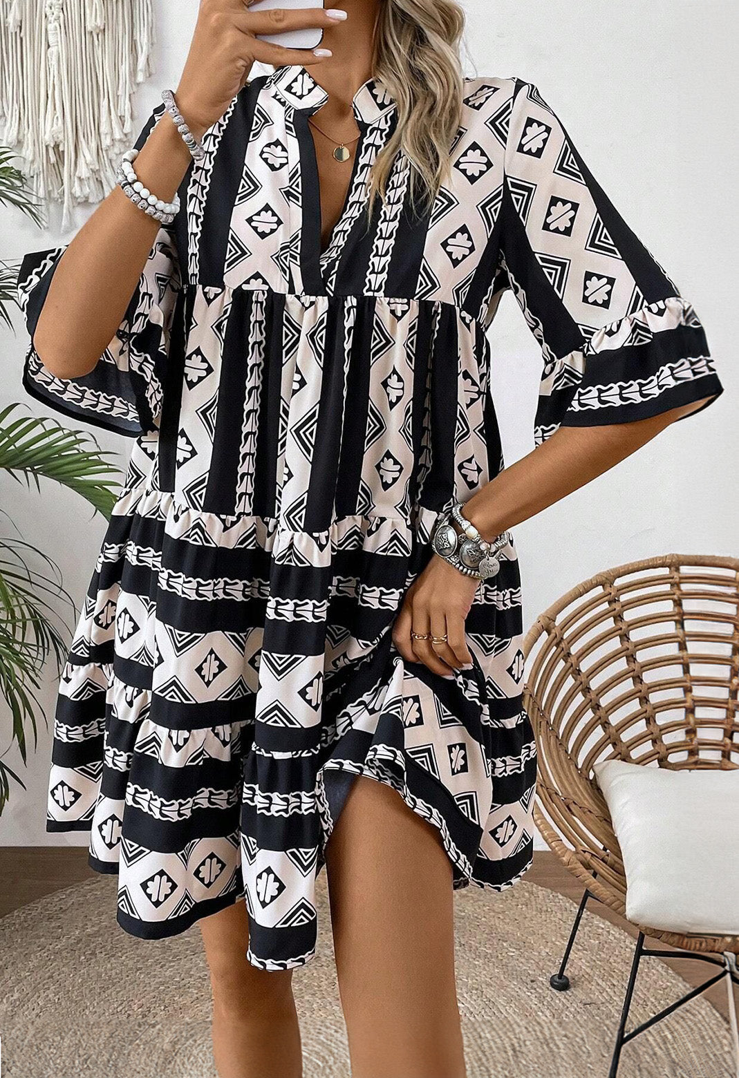 Black Geometric Print V Neck Ruffled Dress