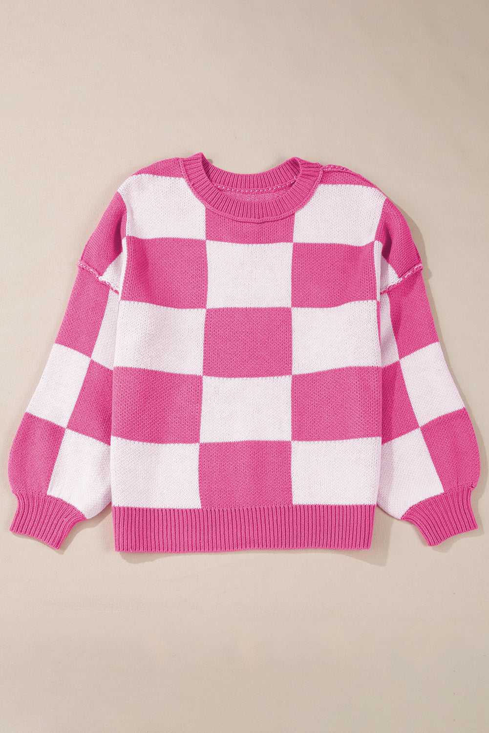 Gray Checkered Bishop Sleeve Sweater