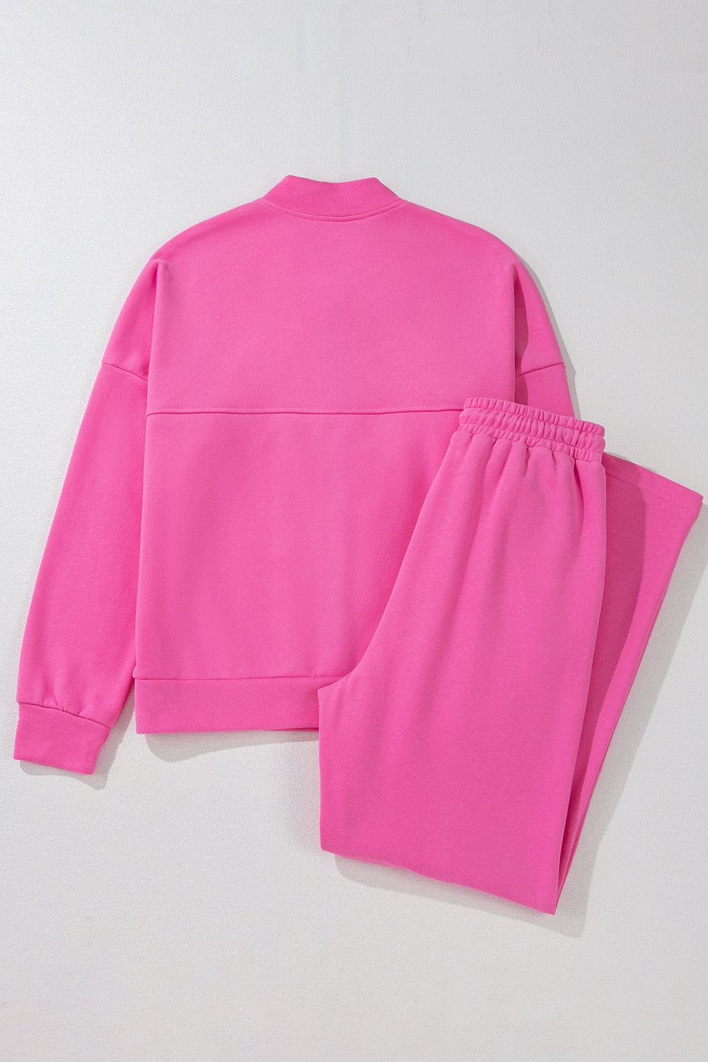 Bright Pink Solid Seamed Zipper Jacket and Drawstring Waist Pants Set