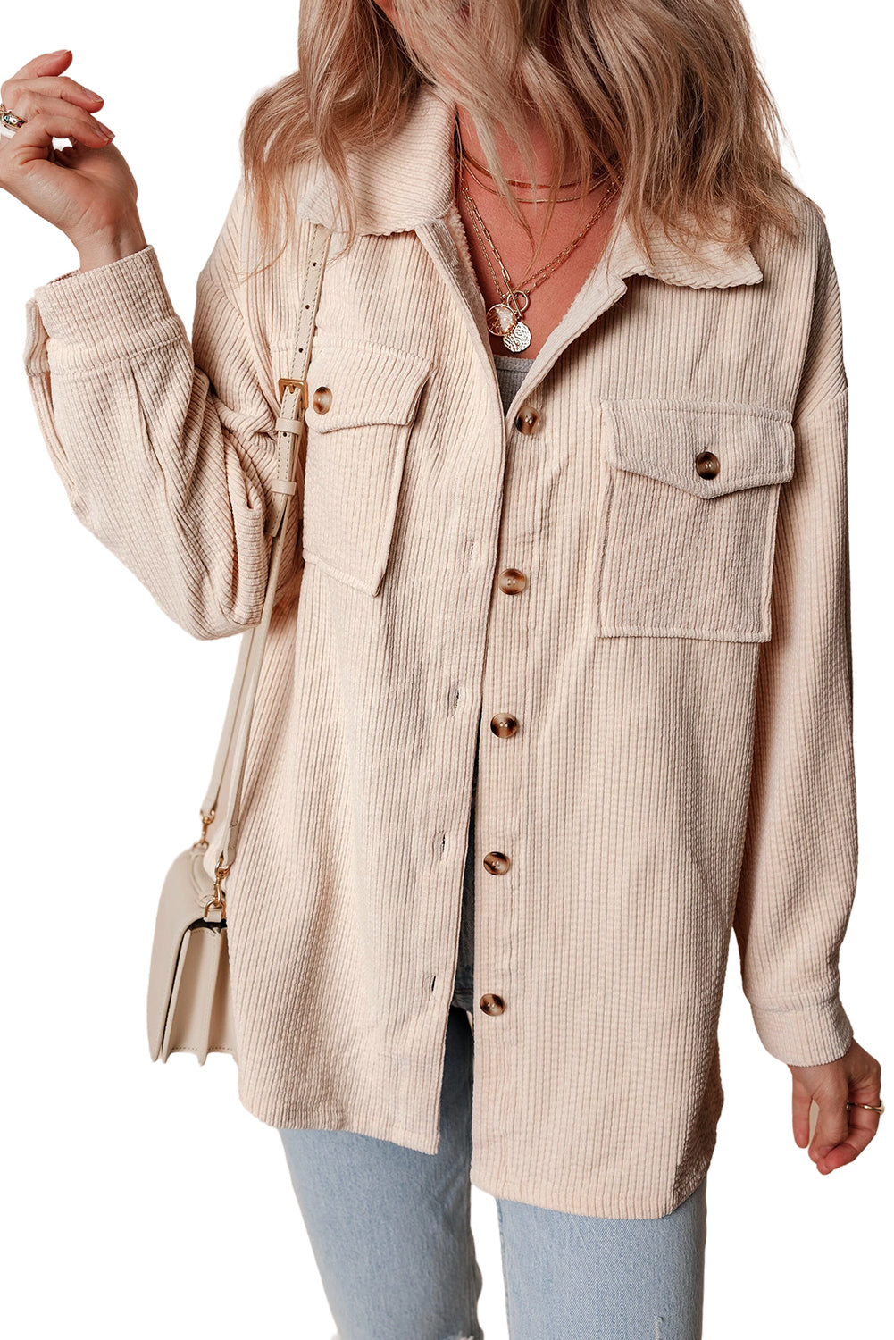 Light Pink Corduroy Flap Pocket Button Up Shacket