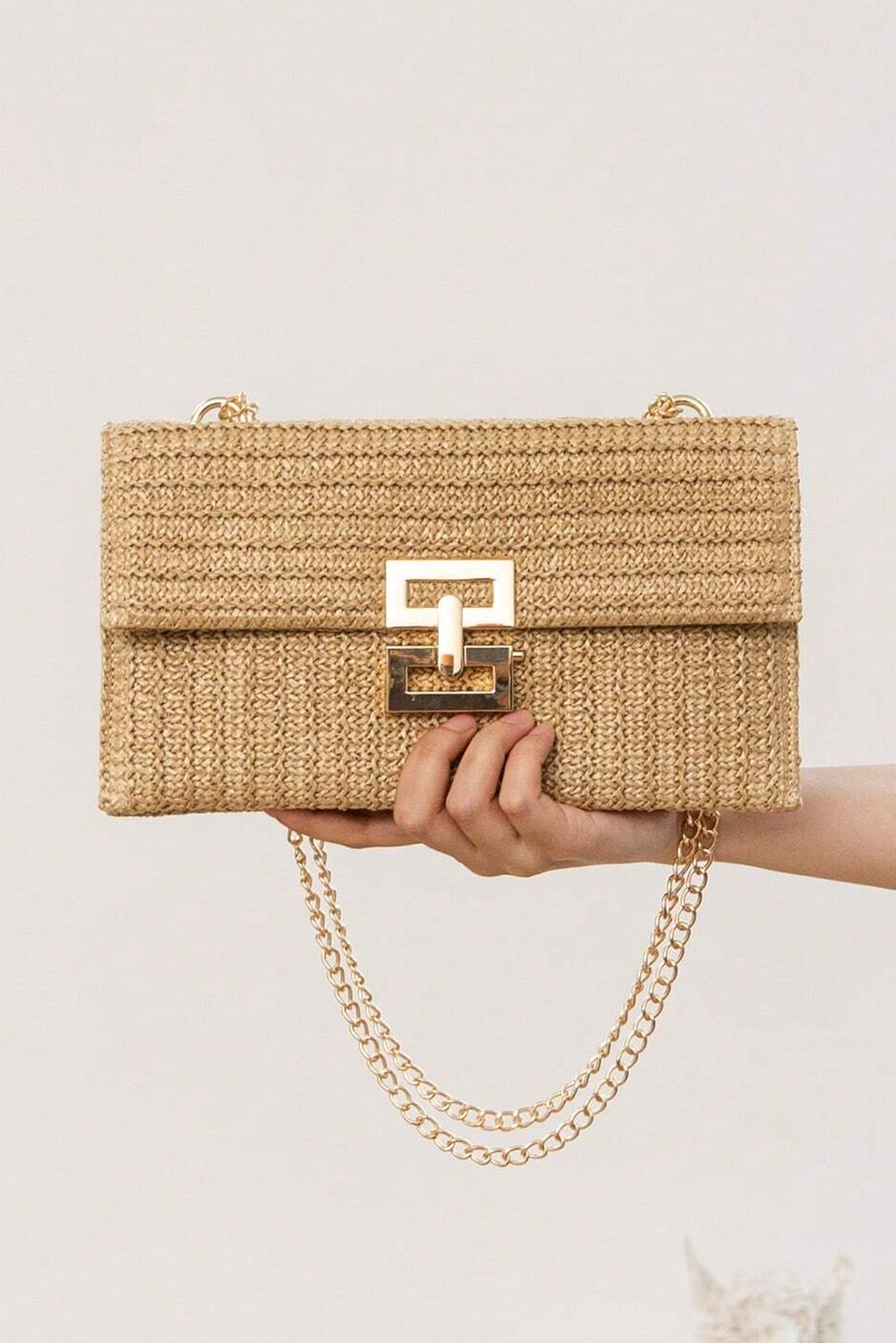 Beige Minimalist Braided Flap Chain Strap Shoulder Bag