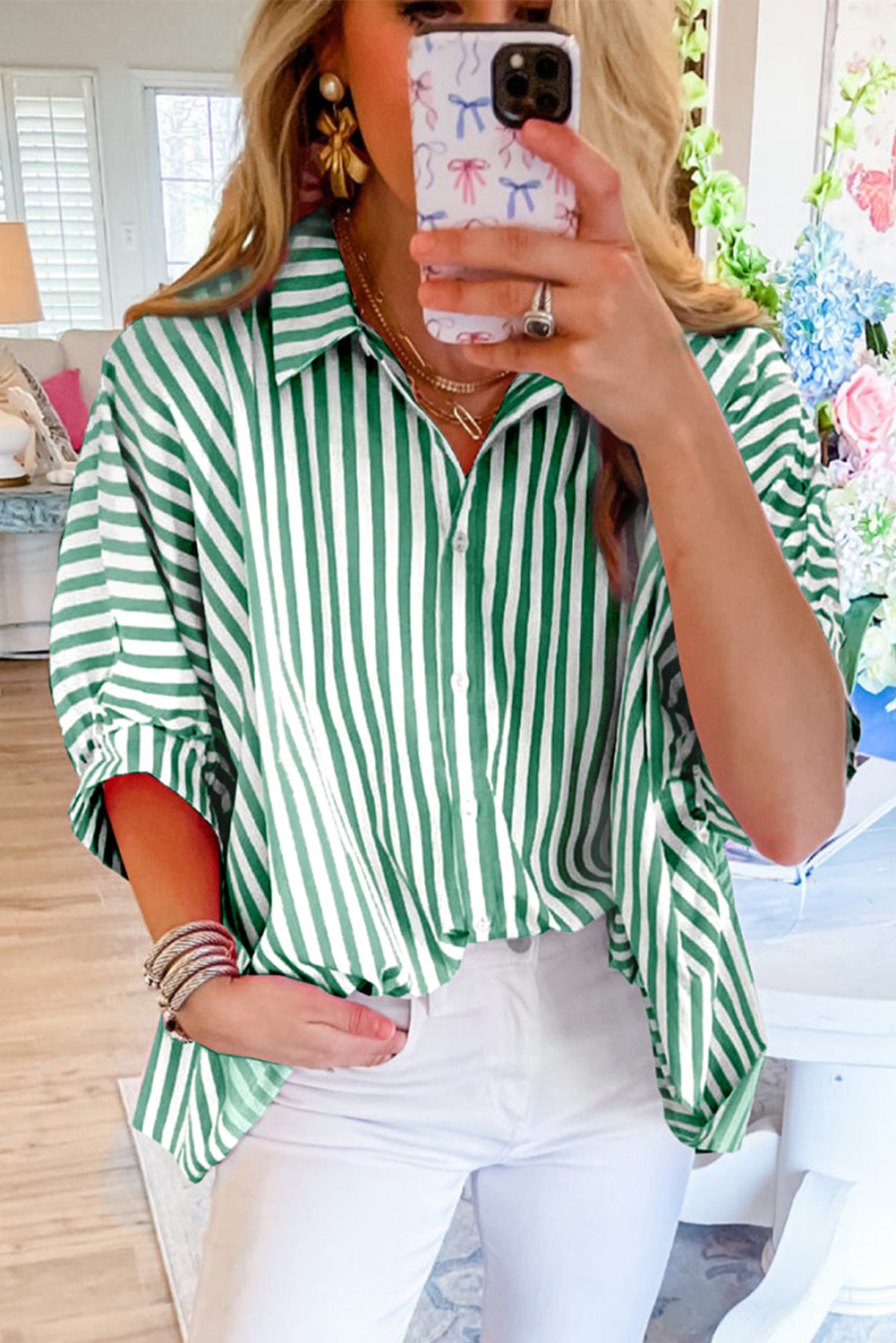 Green Stripe Dolman Sleeve Oversize Shirt