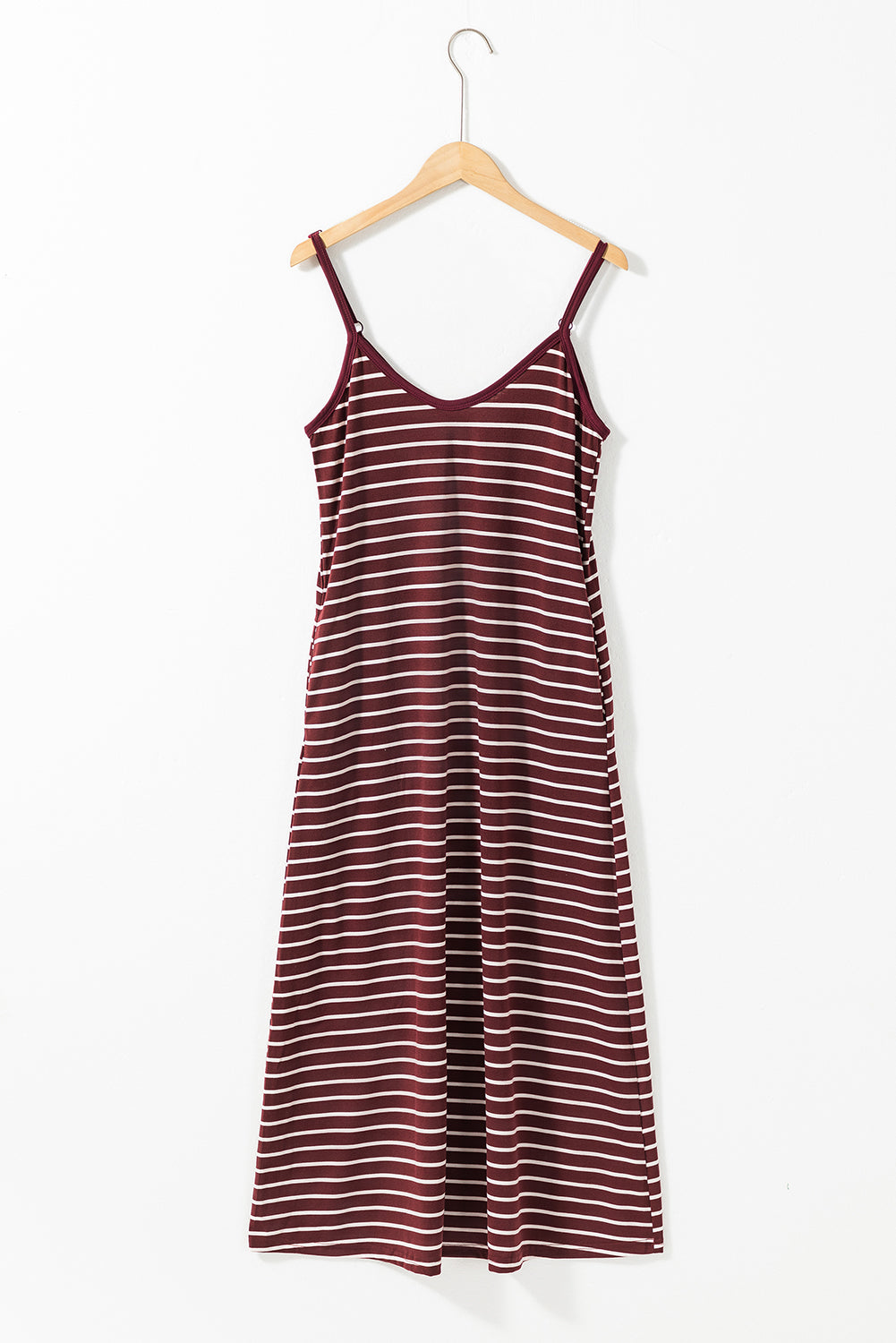 Red Stripe Side Pockets Spaghetti Straps Maxi Dress