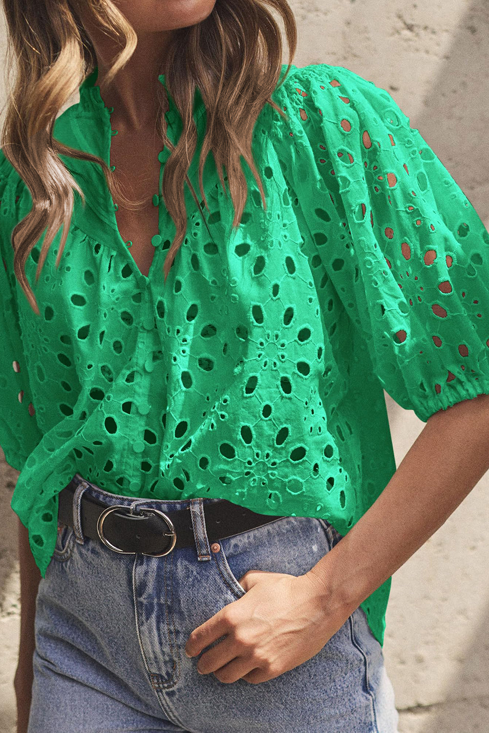 Bonbon Flower Embroidered Hollow-out Puff Sleeve Blouse