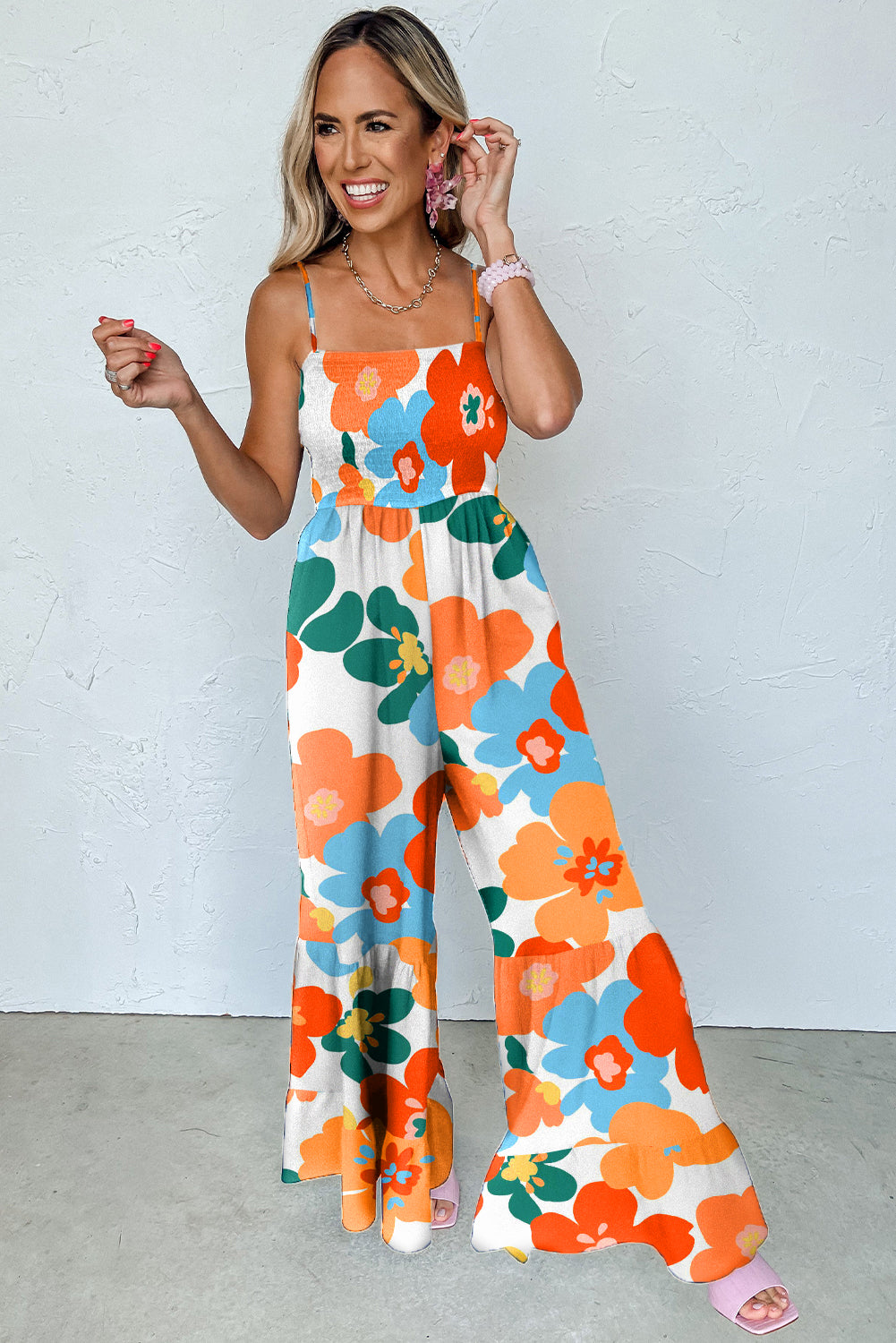 Orange Floral Spaghetti Straps Smocked Wide Leg Jumpsuit