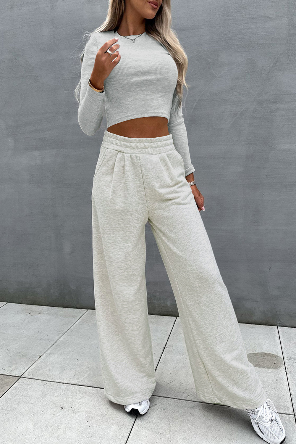 Beige Crop Top and Wide Leg Pants Two Piece Set