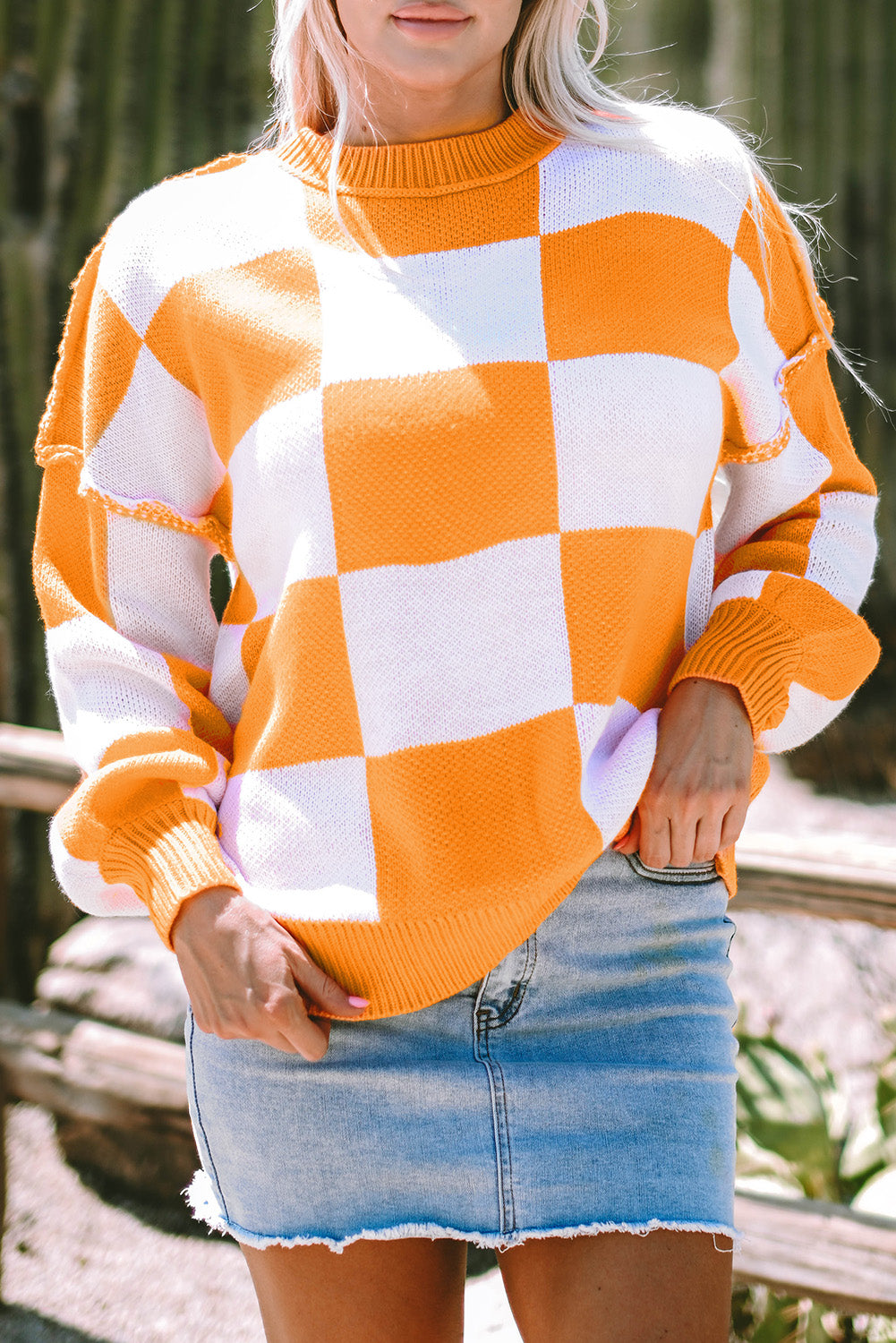 Gray Checkered Bishop Sleeve Sweater