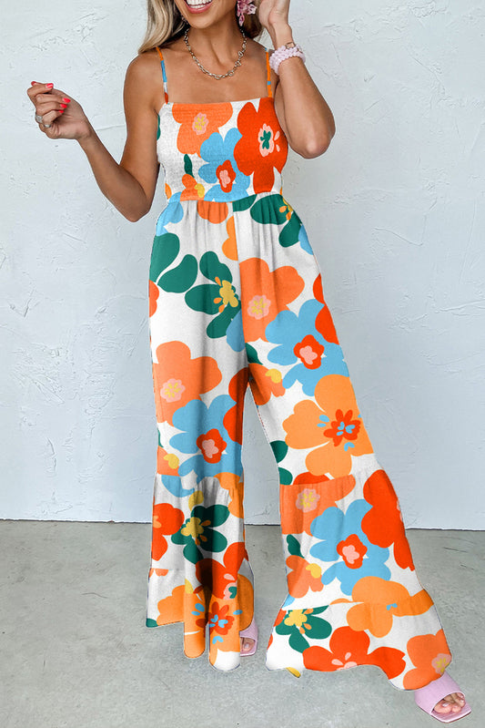 Orange Floral Spaghetti Straps Smocked Wide Leg Jumpsuit