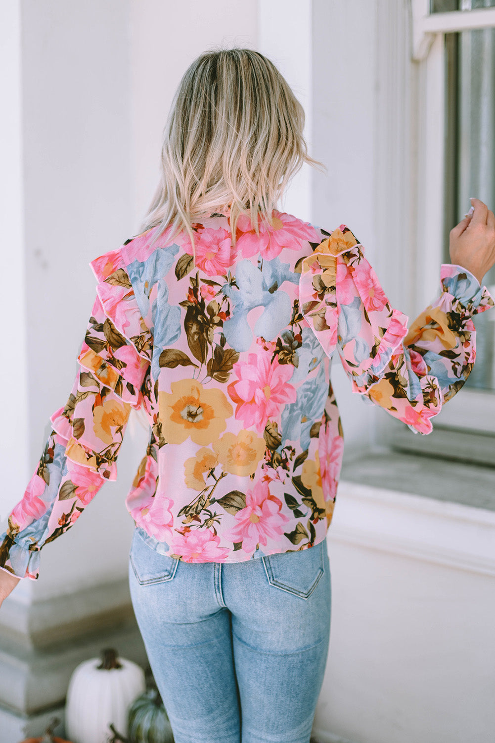 Pink Floral Print Tiered Ruffled Long Sleeve Blouse