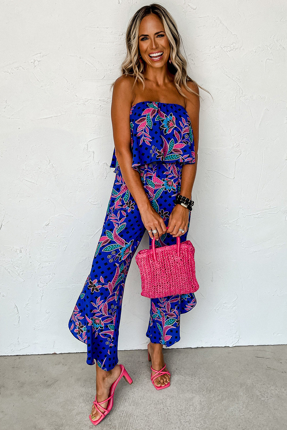 Red Mix Tropical Print Strapless Ruffled Jumpsuit