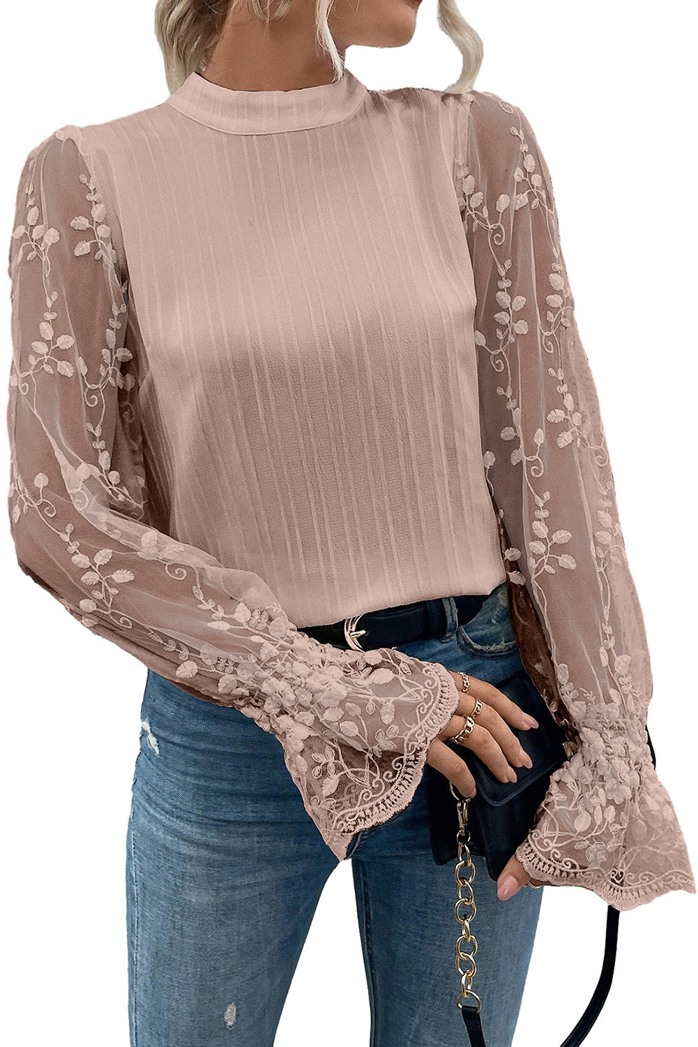 White Contrast Lace Sleeve Mock Neck Textured Blouse