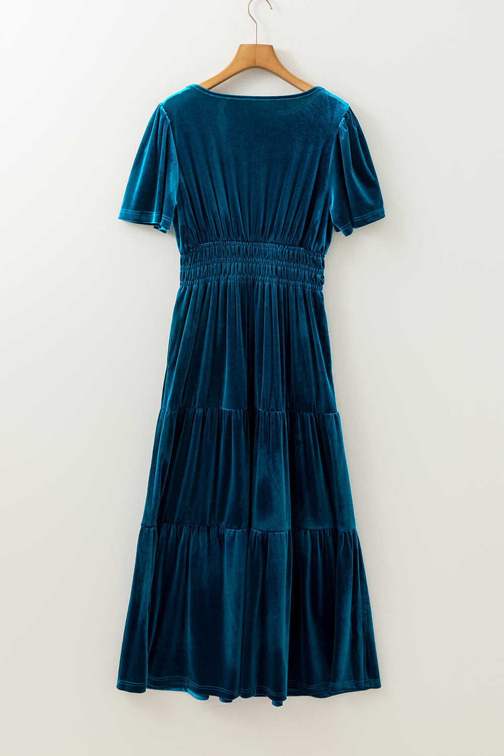 Chestnut Velvet Short Sleeve Shirred Waist Tiered Maxi Dress
