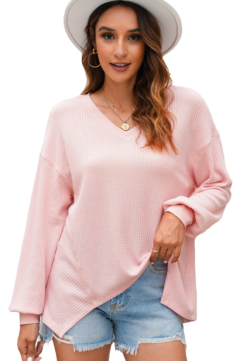 Bright Pink Waffle V Neck Long Sleeve Drop Shoulder Loose Blouse