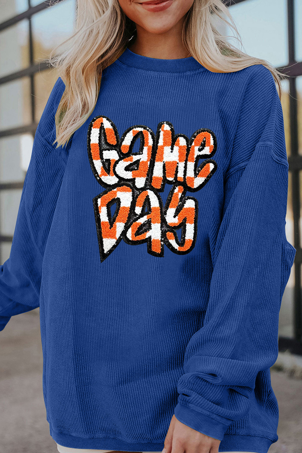 Dark Grey Chenille Checkered Game Day Graphic Drop Shoulder Corded Sweatshirt