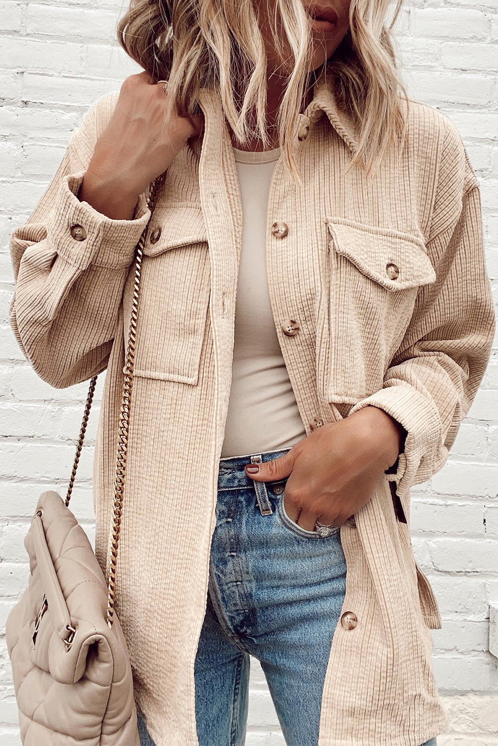 Light Pink Corduroy Flap Pocket Button Up Shacket