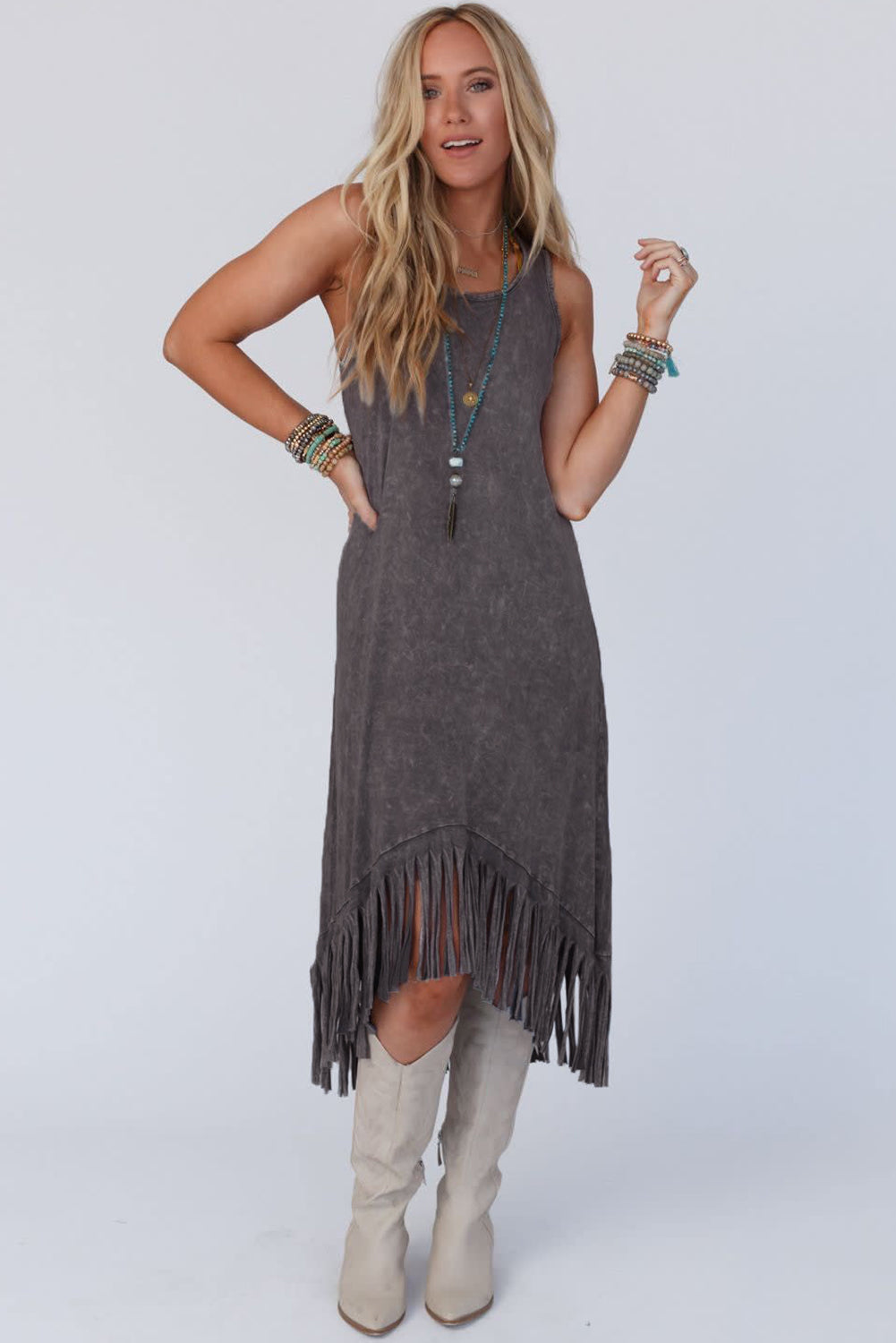 Gray Round Neck Sleeveless Fringe Hem Long Dress