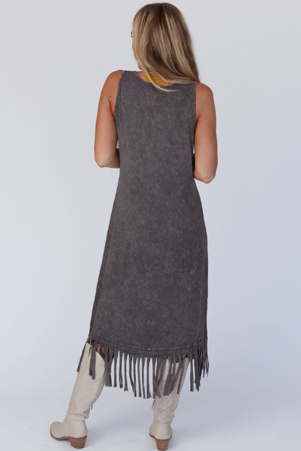 Gray Round Neck Sleeveless Fringe Hem Long Dress