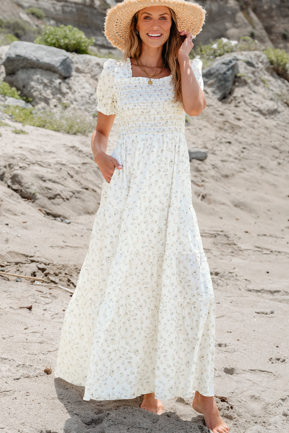 White Frilly Shirred Bodice Tiered Floral Maxi Dress