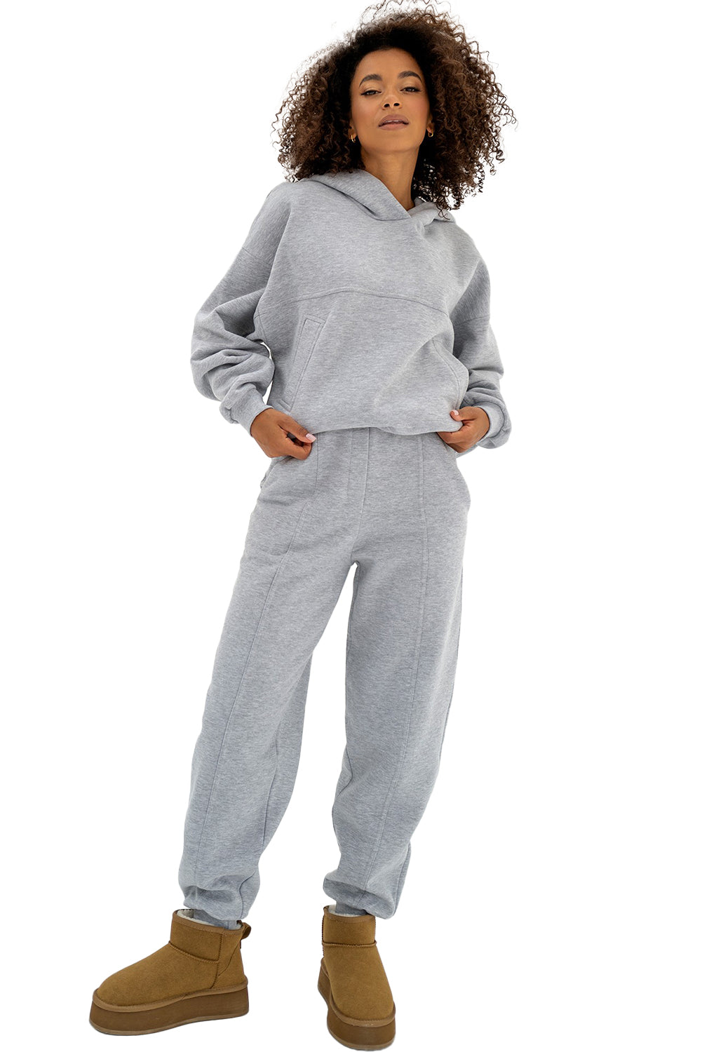 Gray Solid Exposed Seams Hoodie and Joggers Activewear Set