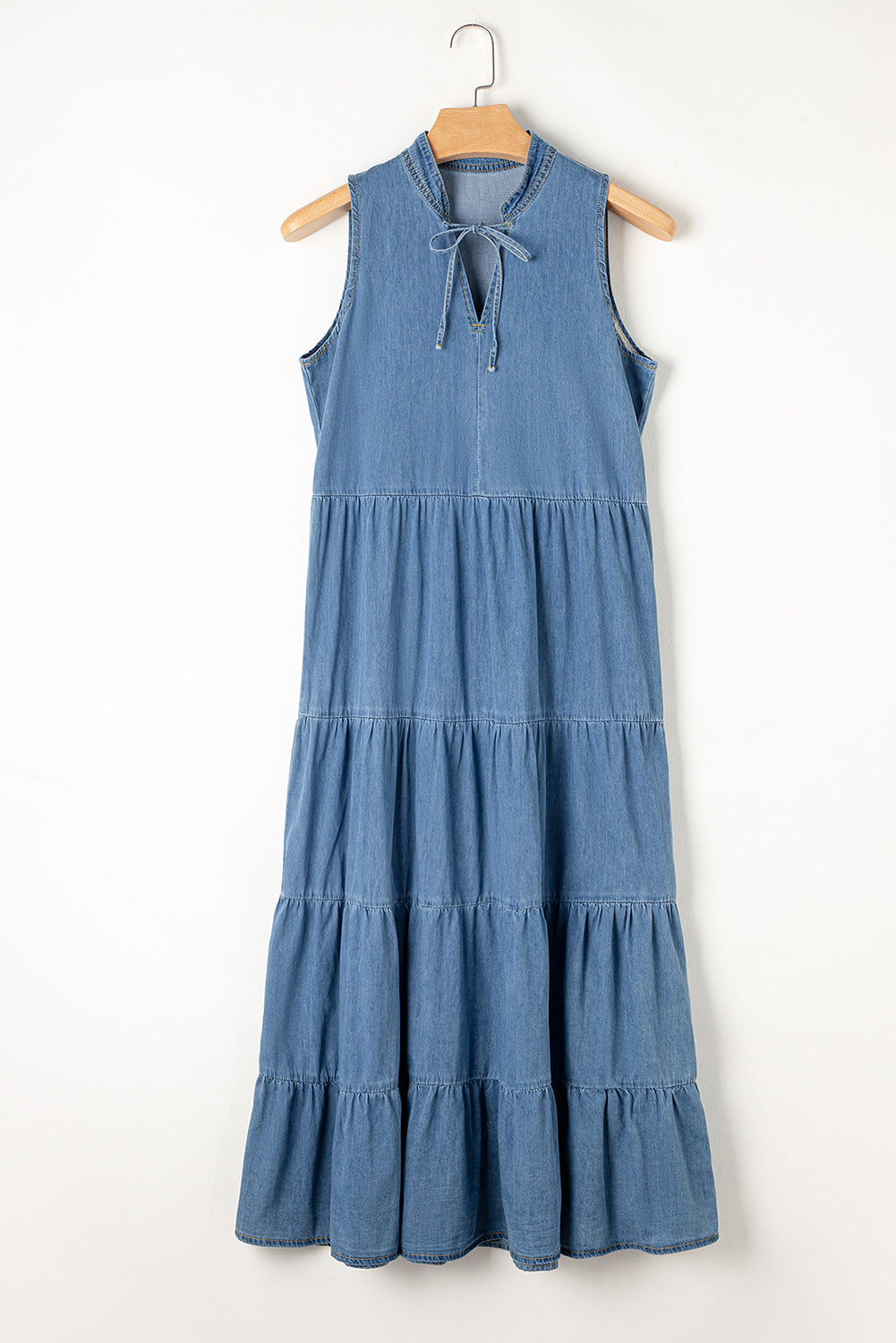 Real Teal Sleeveless Tiered Chambray Maxi Dress