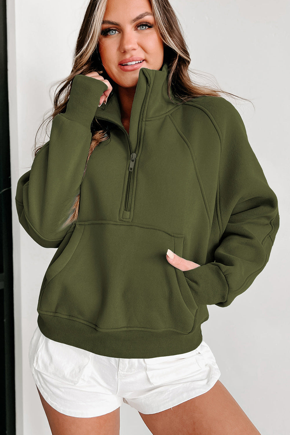 Smoke Green Fleece Lined Zip Up Stand Collar Thumbhole Sleeve Sweatshirt