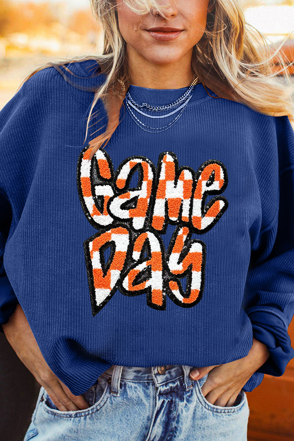 Dark Grey Chenille Checkered Game Day Graphic Drop Shoulder Corded Sweatshirt