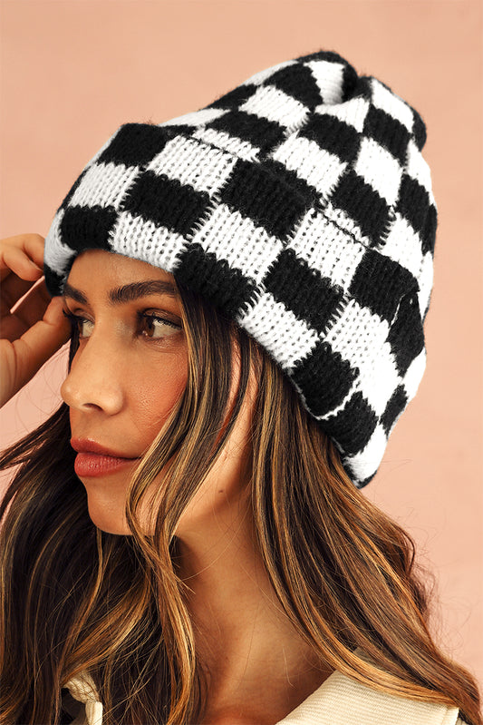 Black Two Tone Checkered Folded Eaveless Beanie Cap