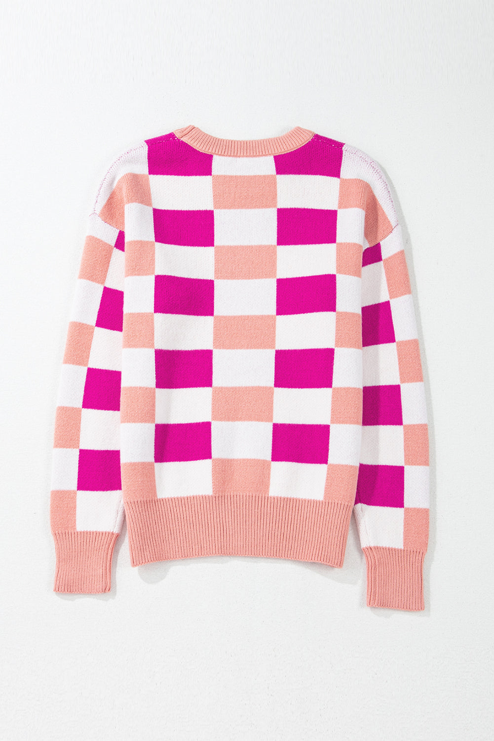 Black Checkered Ribbed Edge O Neck Drop Shoulder Sweater