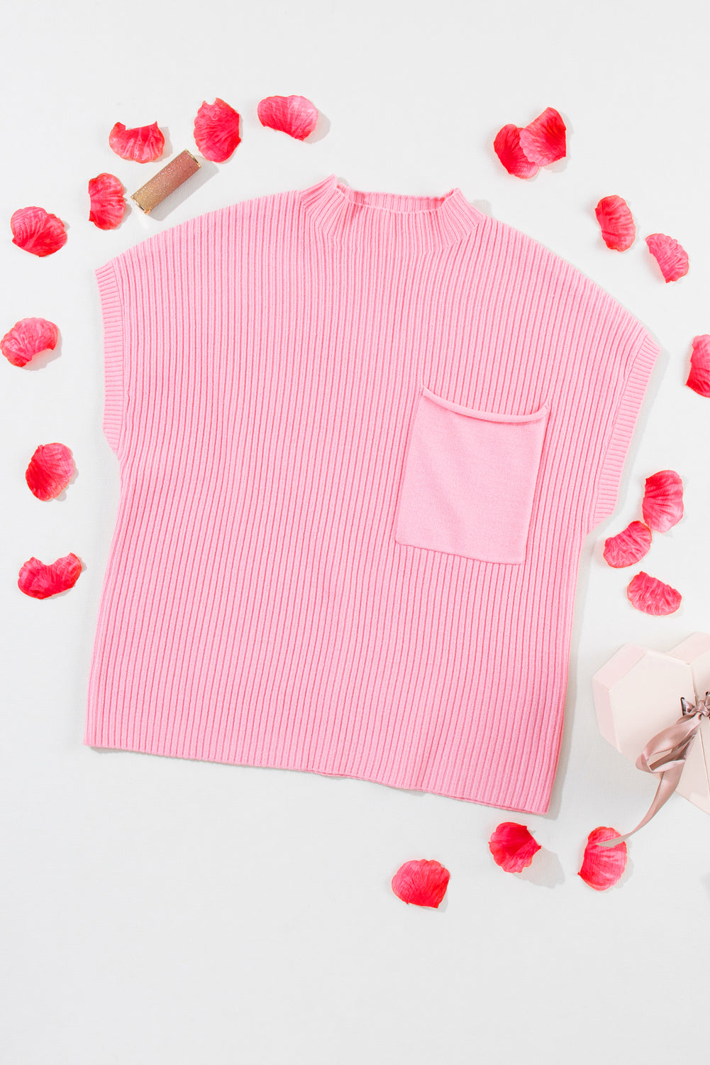 Rose Red Patch Pocket Ribbed Knit Short Sleeve Sweater