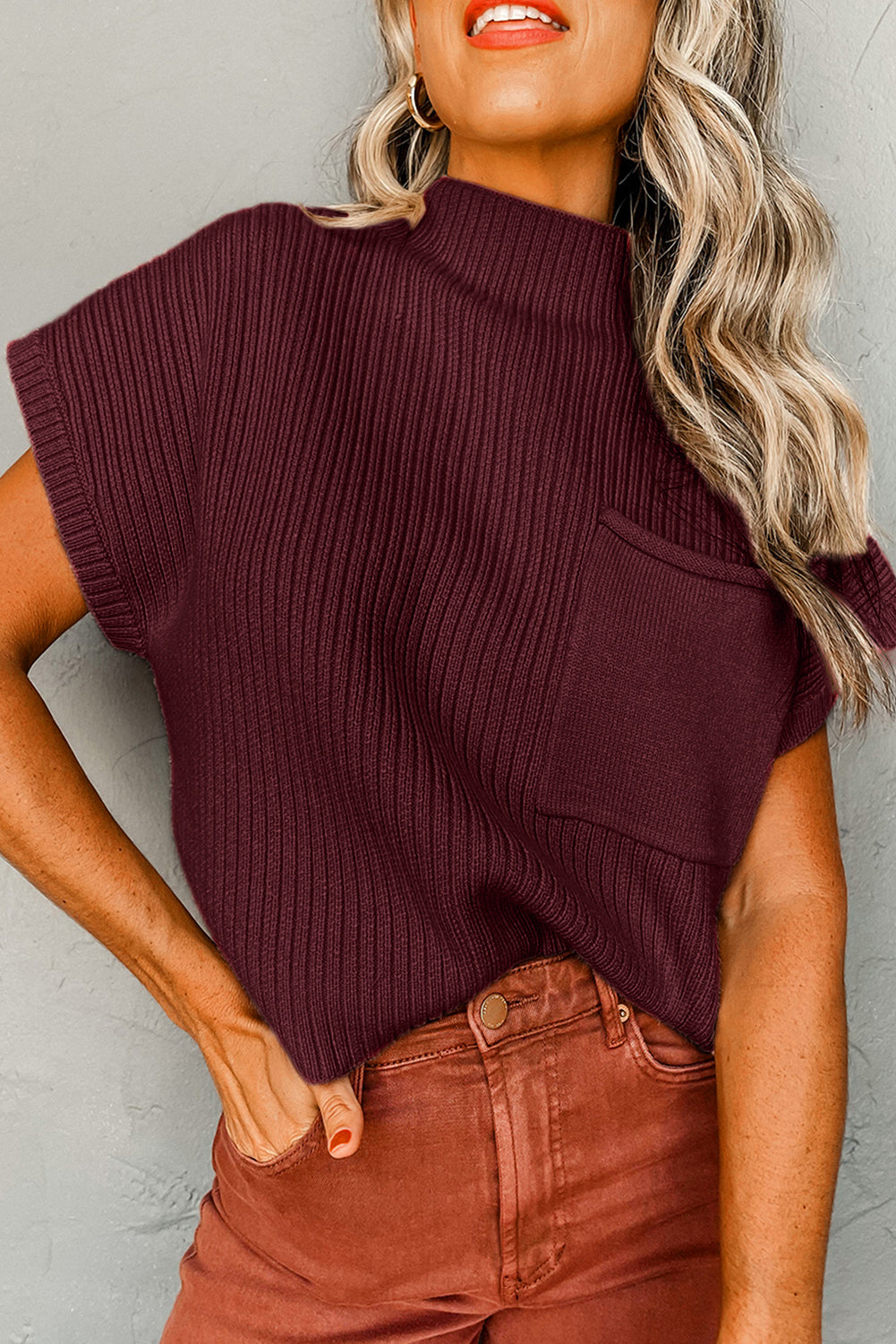 Rose Red Patch Pocket Ribbed Knit Short Sleeve Sweater