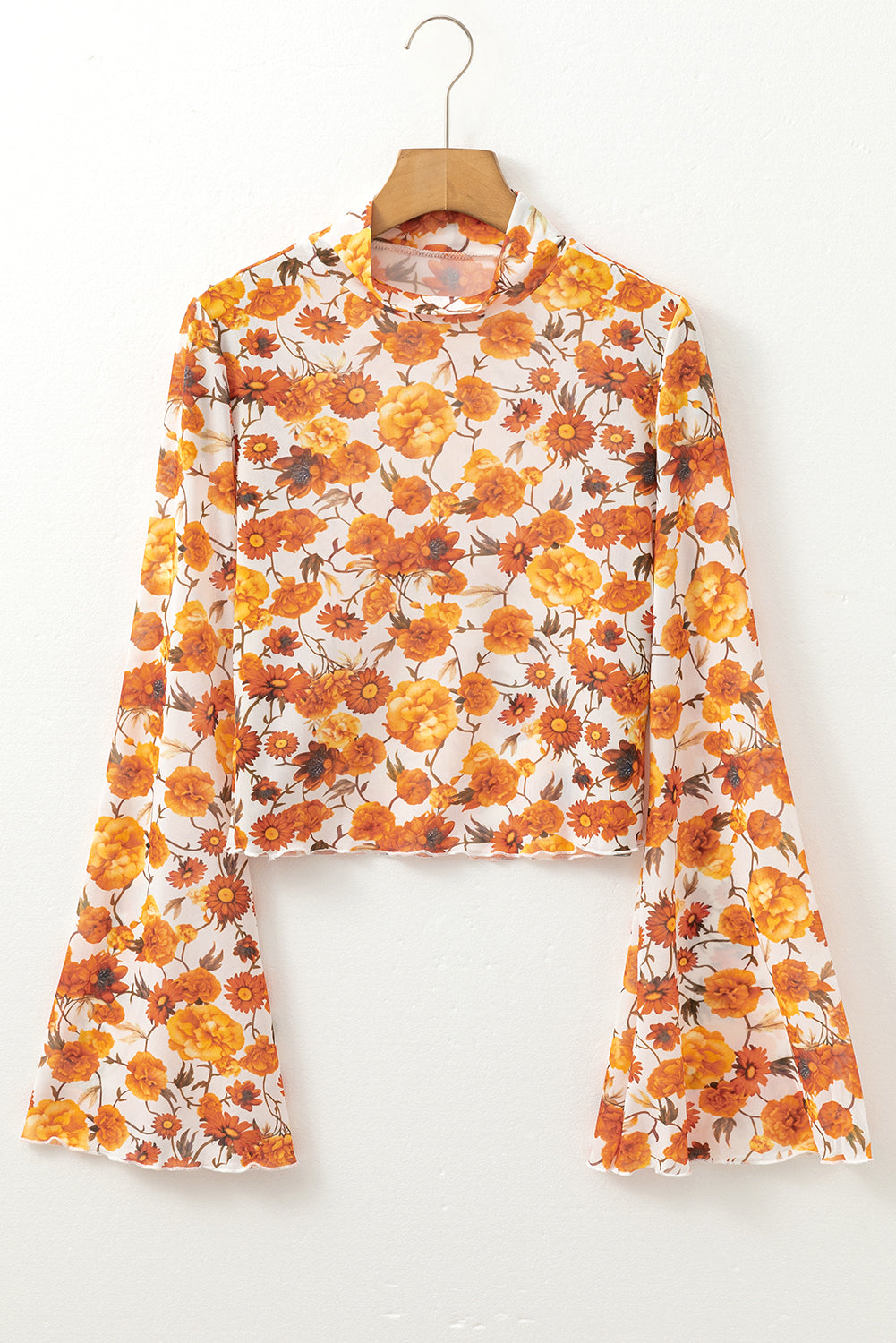 Orange Floral Printed Bell Sleeve Mock Neck Scallop Trim Blouse