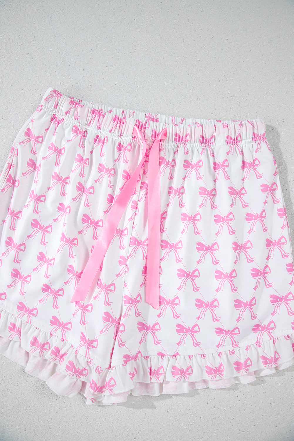 Pink Bowknot Printed Short Sleeve and Ruffled Shorts Valentines Pajama Set