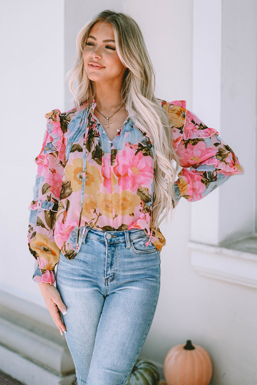 Pink Floral Print Tiered Ruffled Long Sleeve Blouse