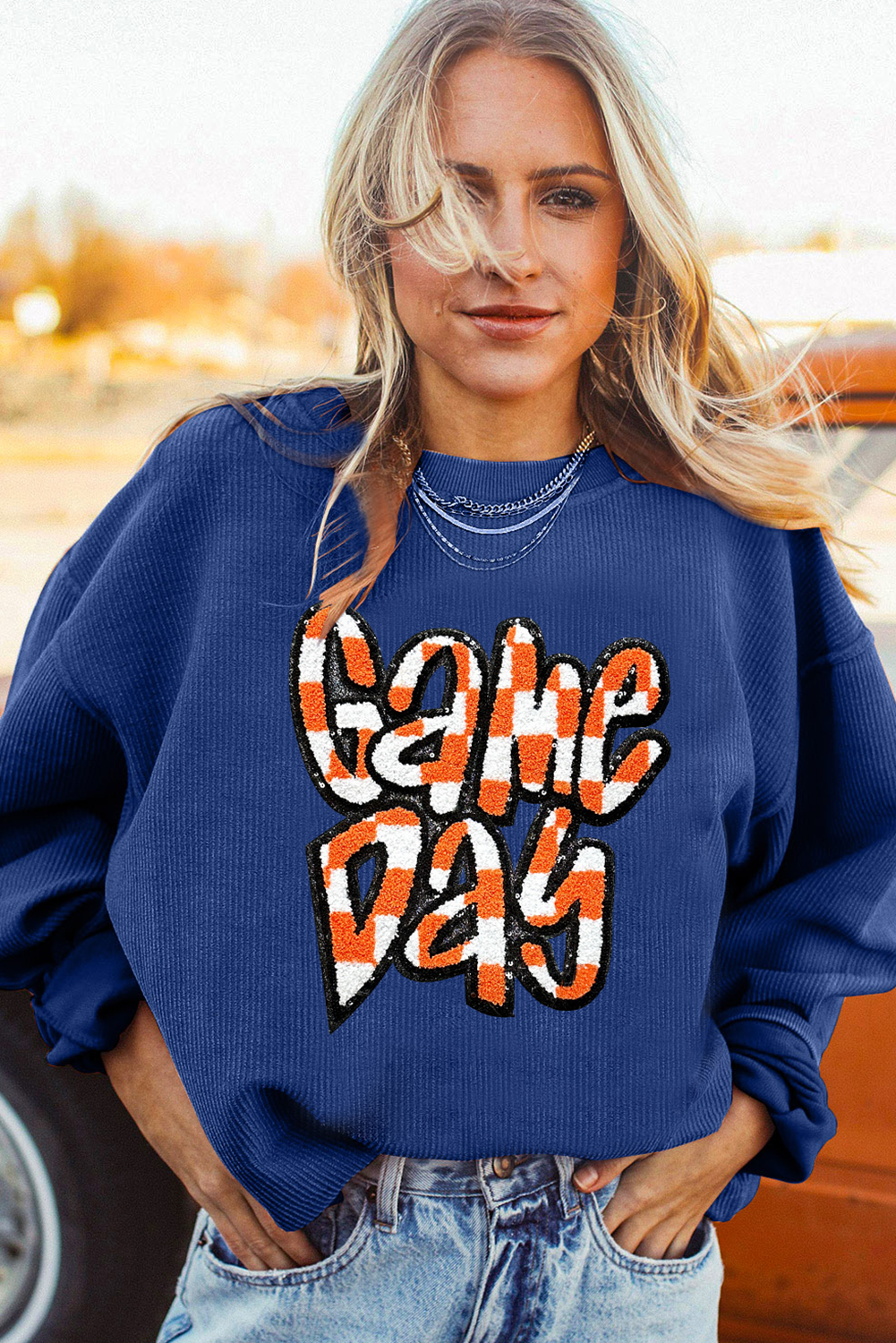 Dark Grey Chenille Checkered Game Day Graphic Drop Shoulder Corded Sweatshirt