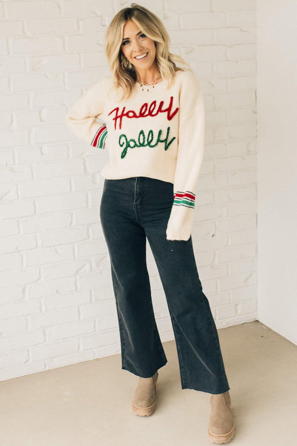 Beige Tinsel Holly Jolly Graphic Classic Sweater