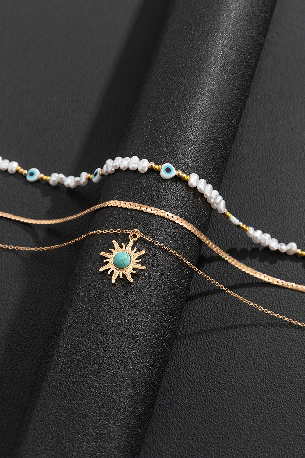 Gold Sun Turquoise Pearl Beaded Multi Layered Pendant Necklace