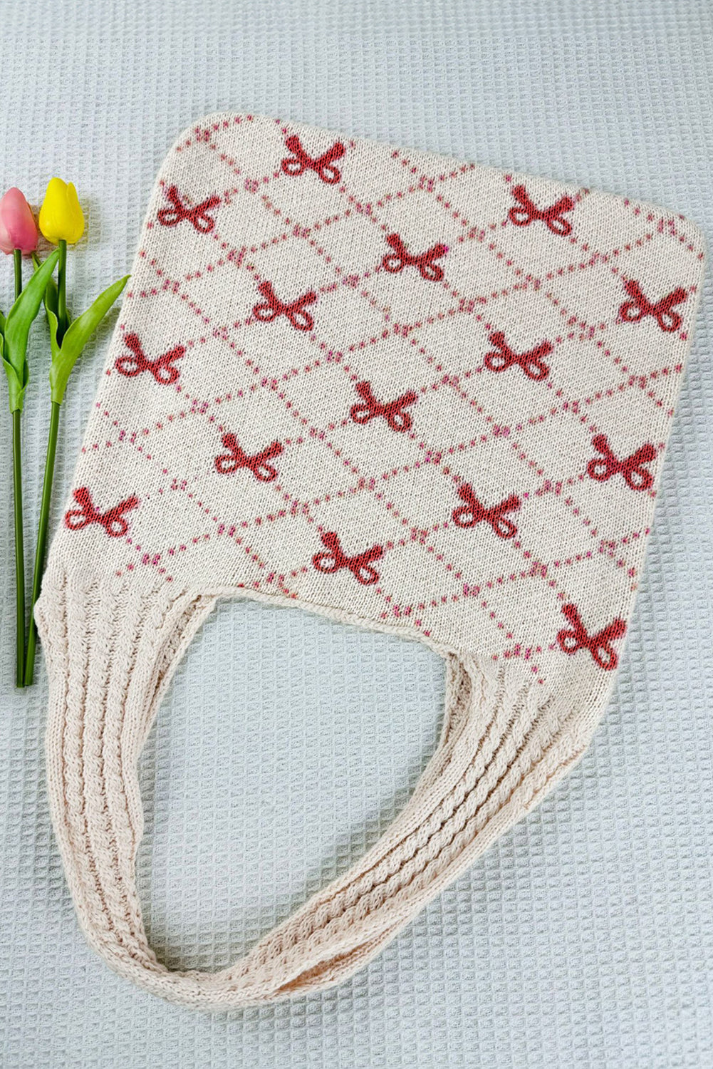 Fiery Red Bow Argyle Pattern Cable Knit Handle Tote Bag