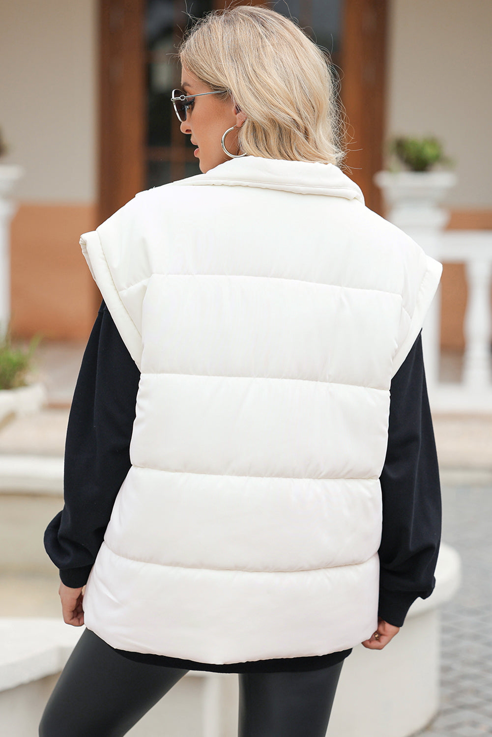 Beige  Zipper Stand Neck Oversized Puffer Vest