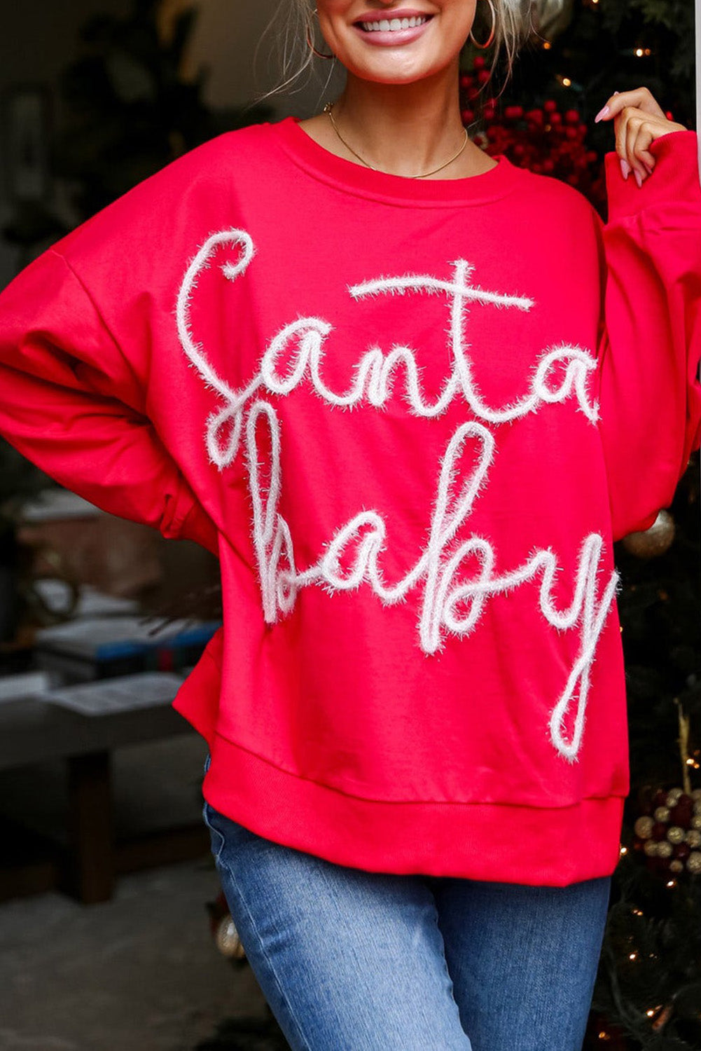 Fiery Red Christmas Santa Baby Tinsel Graphic Sweatshirt