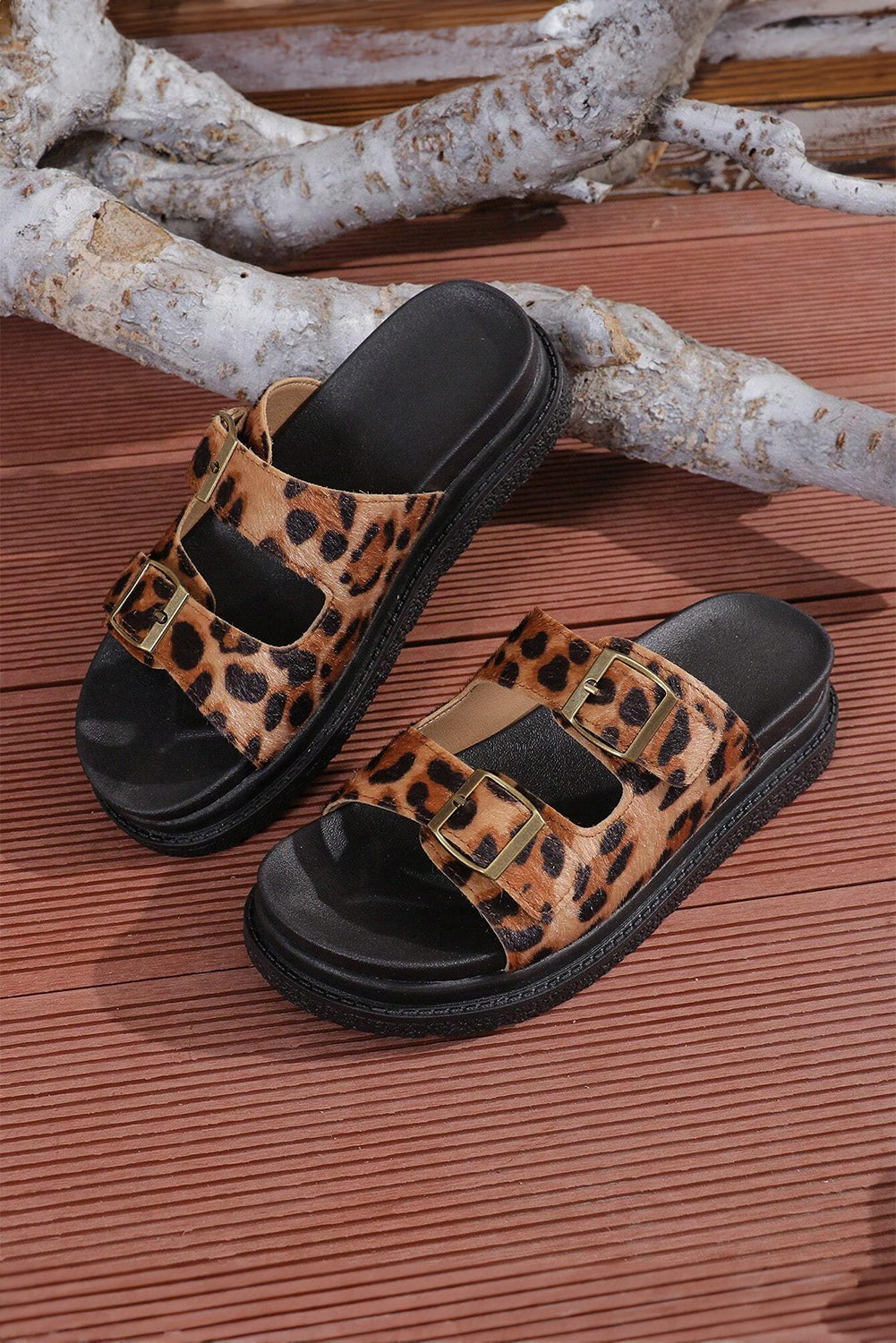 Chestnut Leopard Cut Out Buckle Strap Thick Sole Slippers