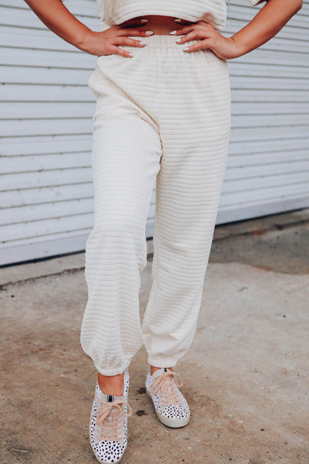 Rose Red Lattice Textured Cropped Tee and Jogger Pants Set