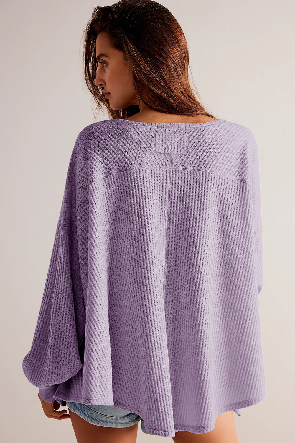 Bright Pink Waffle V Neck Long Sleeve Drop Shoulder Loose Blouse