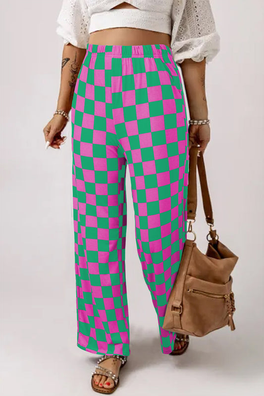 Black 2-Tone Checked Print High Waist Wide Leg Pants
