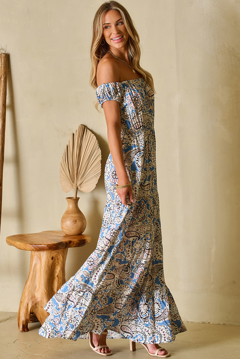 Pink Boho Paisley Print Off Shoulder Maxi Dress