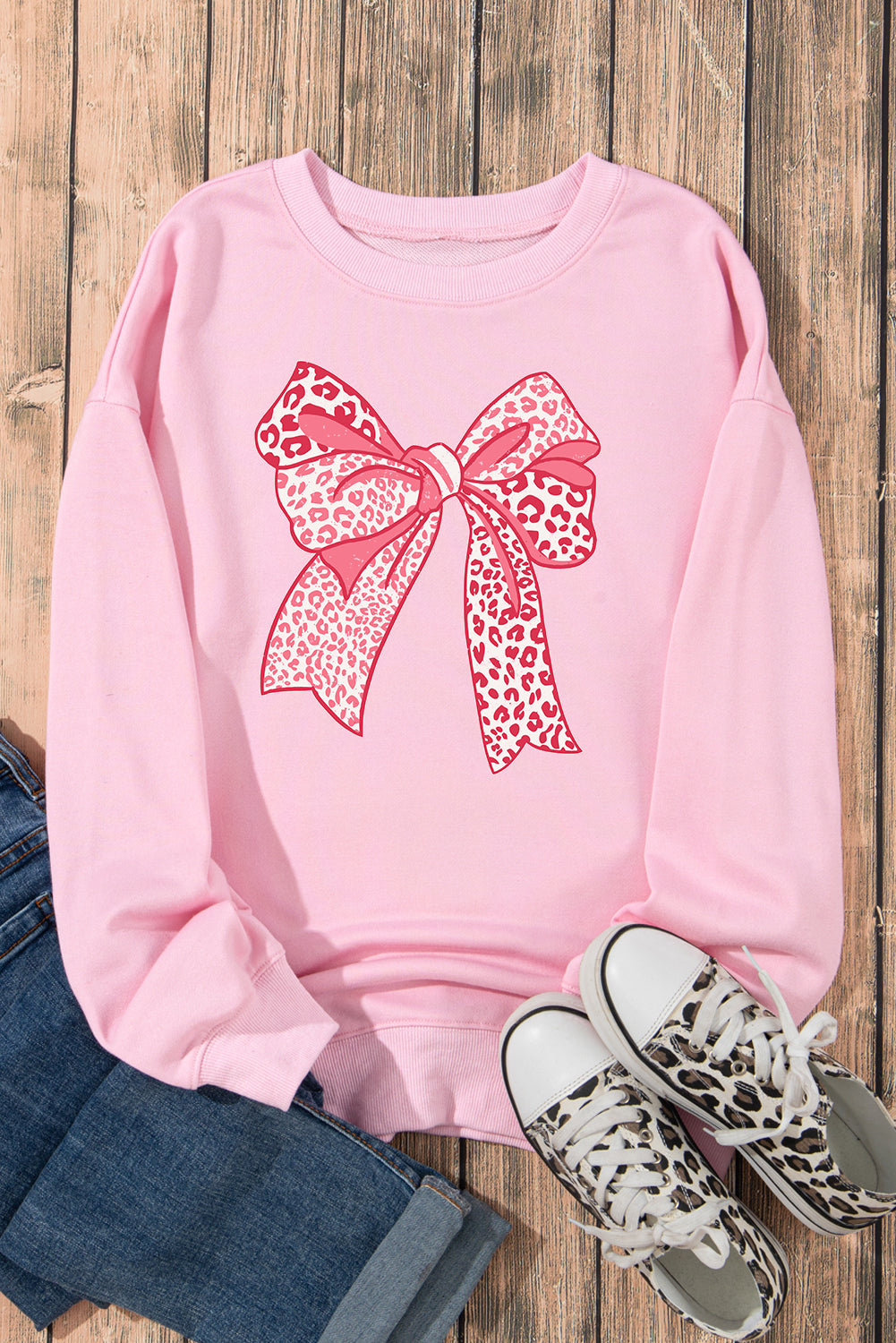 Pink Leopard Bowknot Printed Crewneck Pullover Sweatshirt